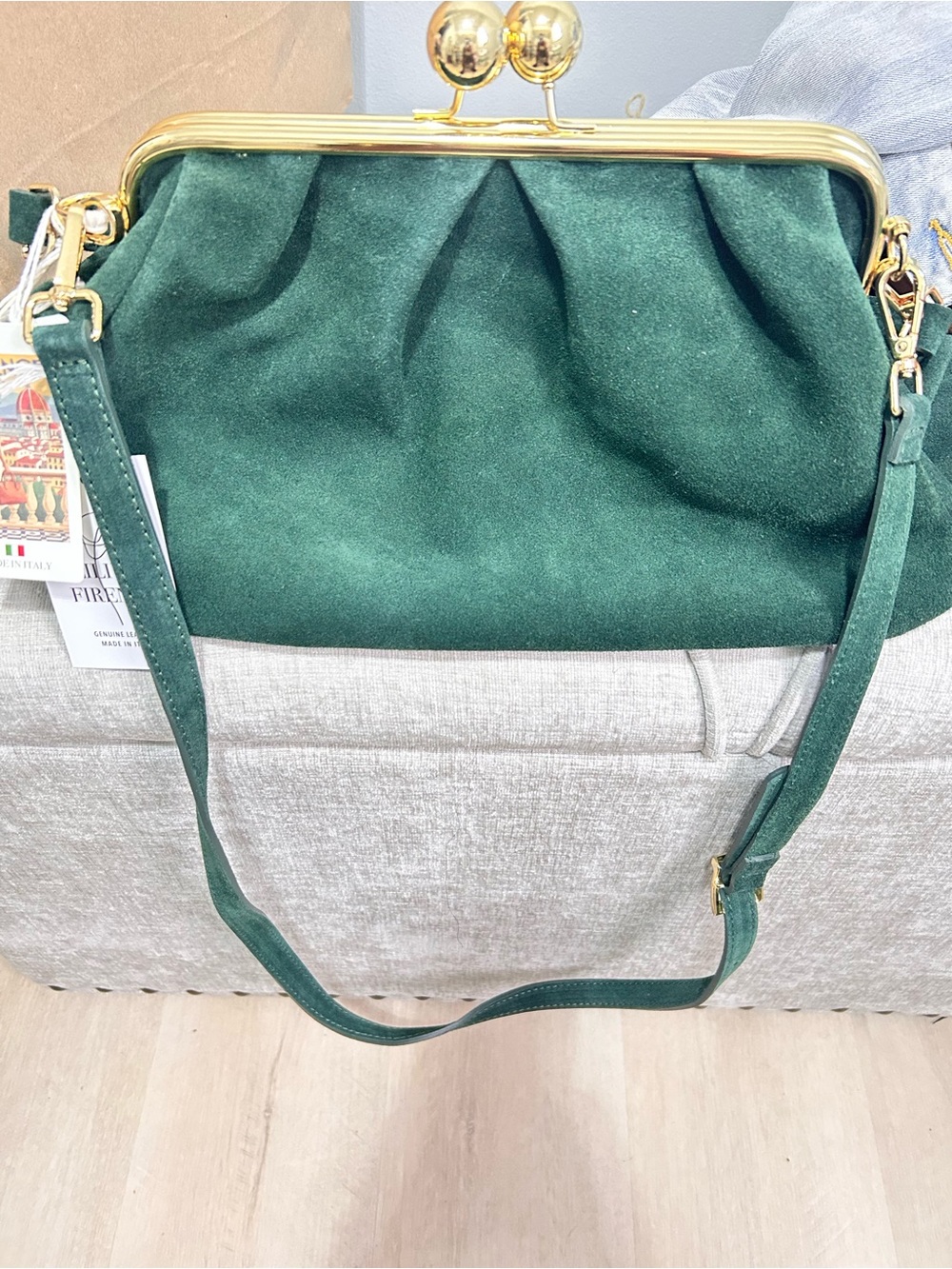 Green Suede Frame-Top Shoulder Bag with Gold Hardware
